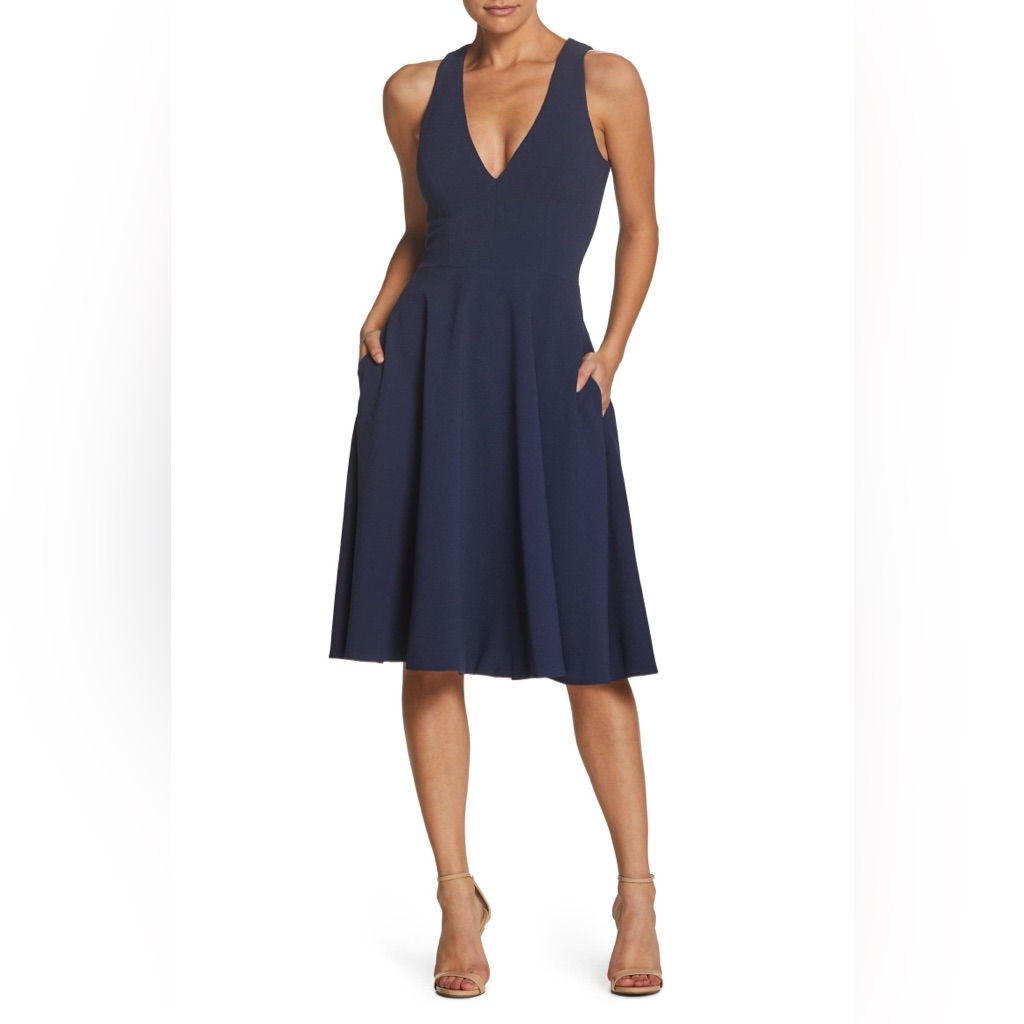 Dress The Population Catalina Sleeveless Fit&Flare V-Neck Midi Dress Navy Blue L